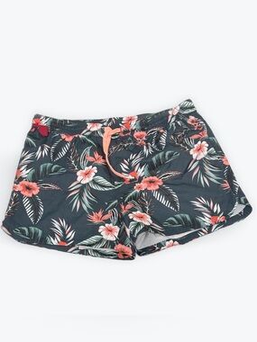 Women's Tropical Floral Drawstring Athletic Shorts - Coral on Dark Green - XL